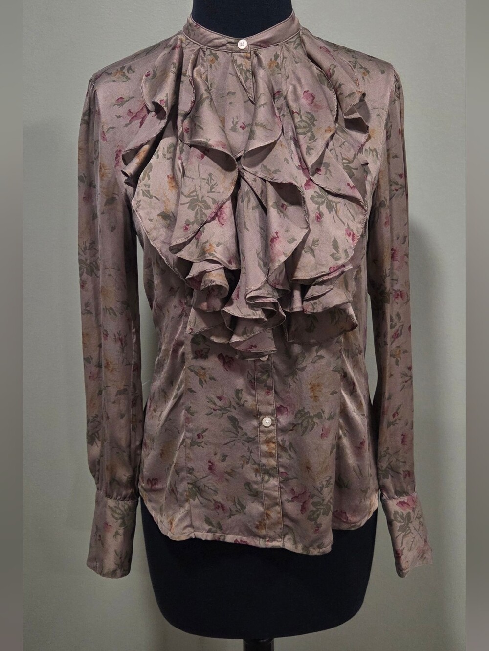 Ruffled Floral Satin Blouse in Mauve